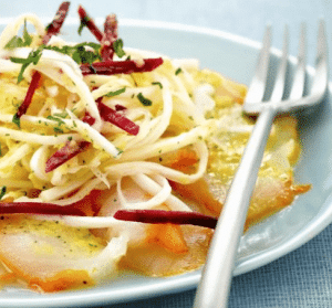 Endives et carpaccio de haddock, sauce mangue